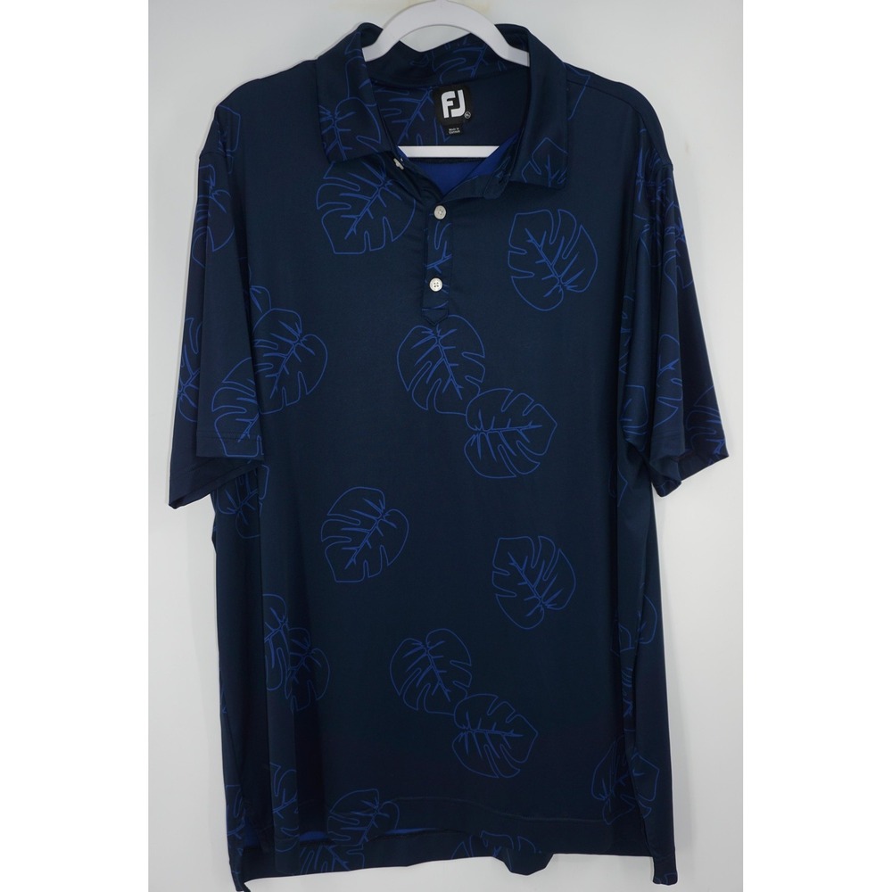 FootJoy Polo Shirt Navy Blue Leaf Print AOP Golf Performance Camelback